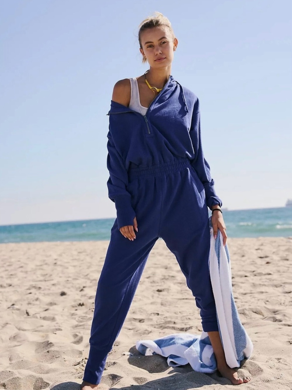 FP Movement by Free People Deep Blue Half-Zip Jumpsuit with thumbholes